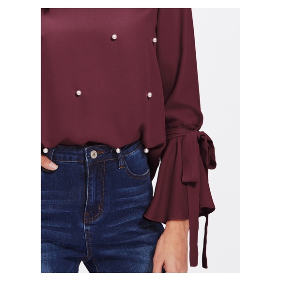 Burgundy Red Bow Sleeve Pearl Embellished Blouse - Picture 7 of 8
